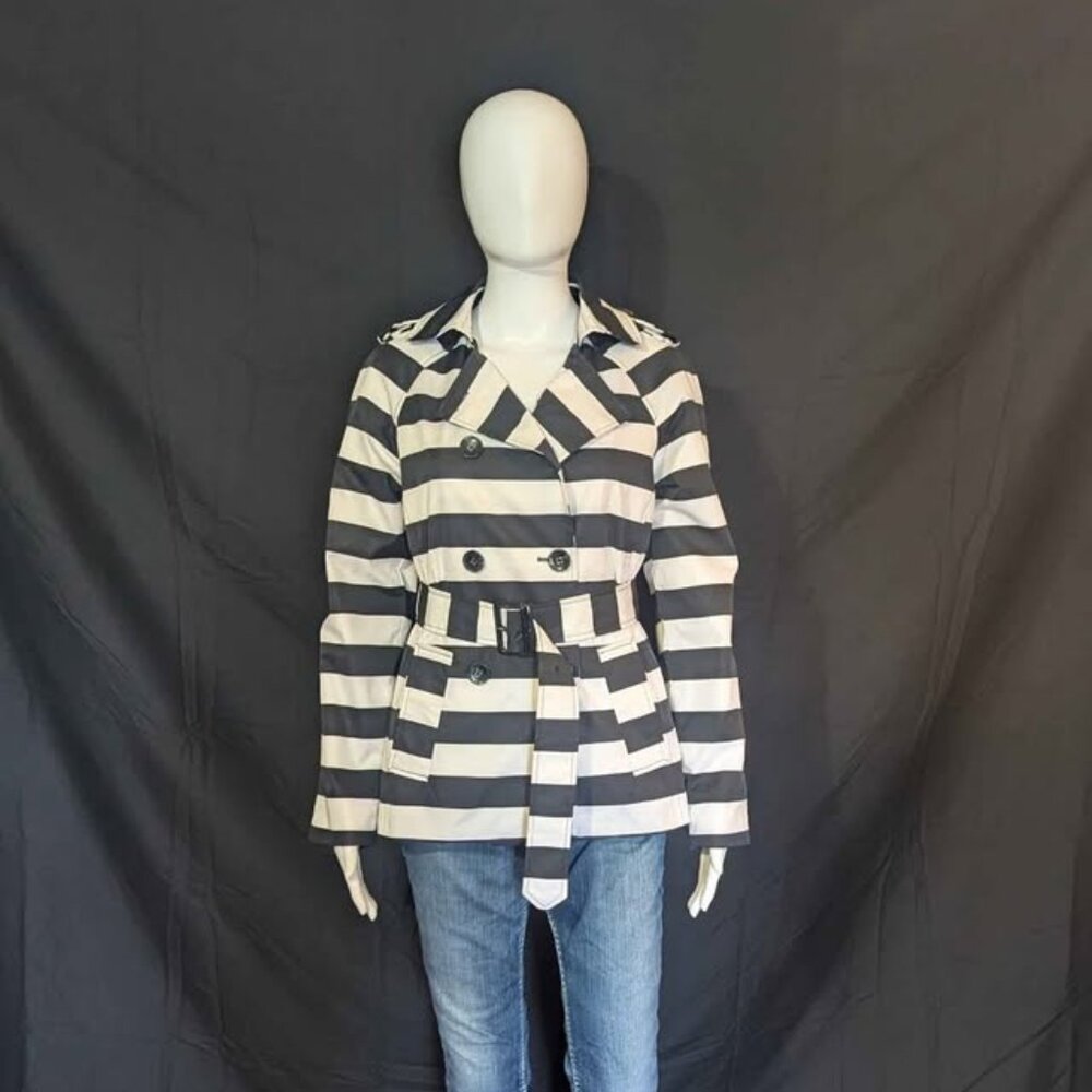 Cynthia Rowley Women's Small Black White Striped Button Belt Tie Jacket Coat